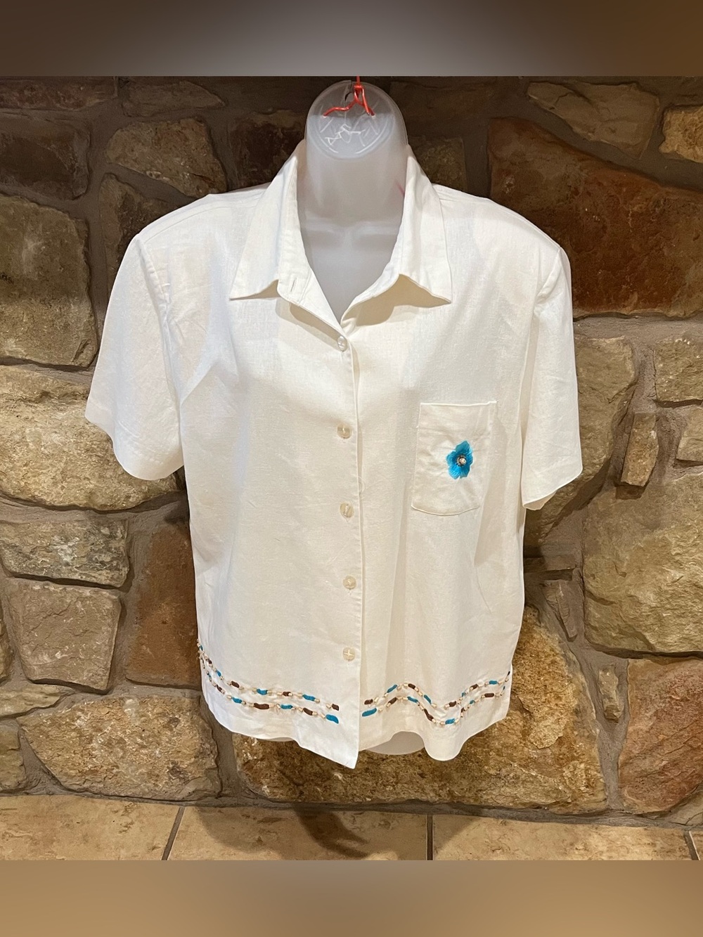 Vintage Linen Blend Off White Blouse XL Aqua Beading & Embroidery Details